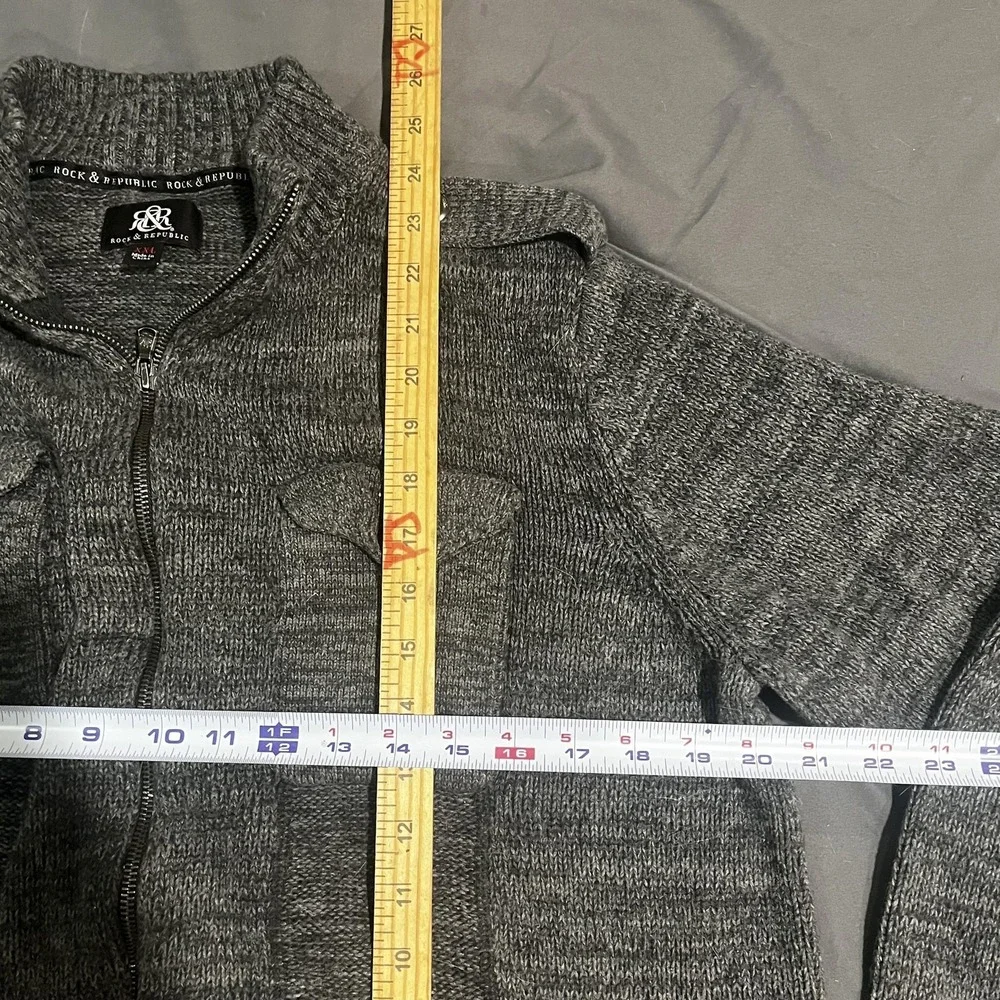 Rock & Republic Sweater Mens 2XL Gray Full Zip Mock Neck Knit Pockets Ribbed Hem
